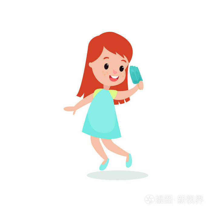 漂亮的红发女郎女孩感觉满意她冰淇淋卡通矢量图