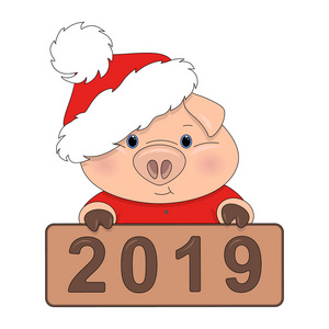 圣诞快乐, 新年小猪。带圣诞老人帽子的猪和2019。设计元素, 矢量插图, 横幅, 纸张, 背景, 包装, 织物, 纺织品