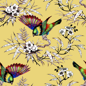 与美丽的花朵和颜色鲜艳的鸟，在白色背景上水彩手绘制无缝模式