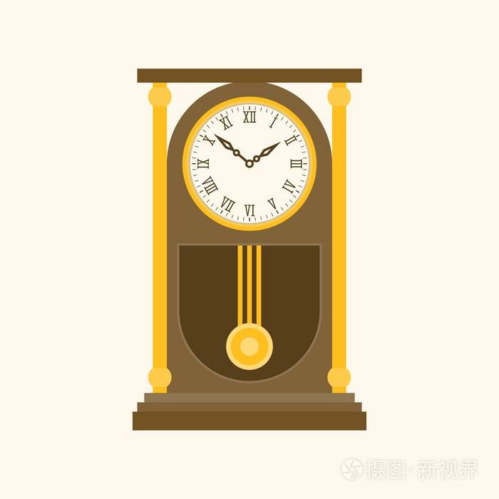 钟摆木制复古钟平面设计插图