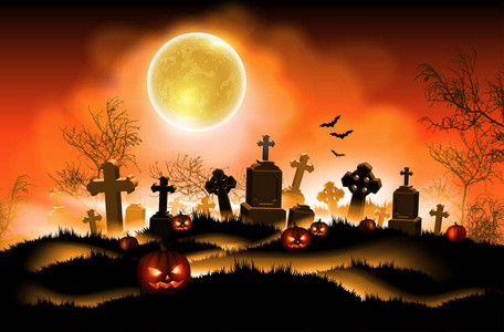 万圣节夜背景与墓地和月亮。高细节逼真插图