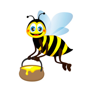 可爱明亮有趣蜂携带一罐蜂蜜，孤立在白色背景上的矢量图