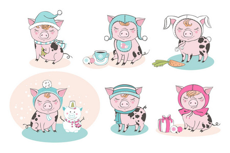一套可爱的猪农场卡通人物。中国象征2019年。新年快乐。可爱的动物插画