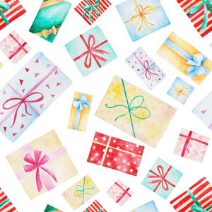 水彩圣诞图案与礼品盒。用于设计打印或背景的独立插图
