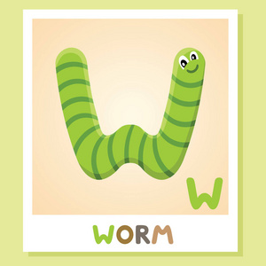 W 为蠕虫。字母 W. 蠕虫, 可爱的插图。动物字母表
