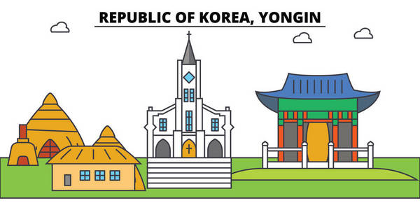 韩国, 龙仁轮廓城市天际线, 线形插图, 横幅, 旅游地标, 建筑物剪影, 矢量