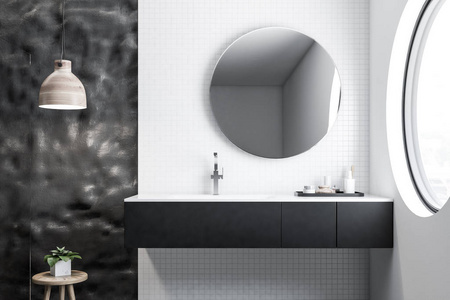 白色瓷砖和粗灰色墙壁浴室内有白色水槽, 圆形镜子和窗口。室内设计理念。3d 渲染