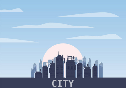 城市景观日。现代城市天际线全景矢量背景。城市塔楼摩天大楼天际线插图, 孤立, 插图