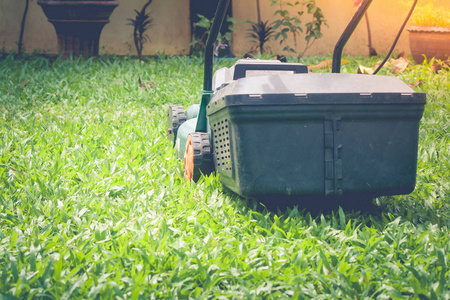 草坪割草机是工作在绿色草在室外花园与阳光背景的早晨