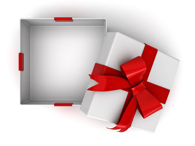打开礼品盒或礼品盒用红丝带弓和空白空间隔离与阴影的白色背景上的框中。3d