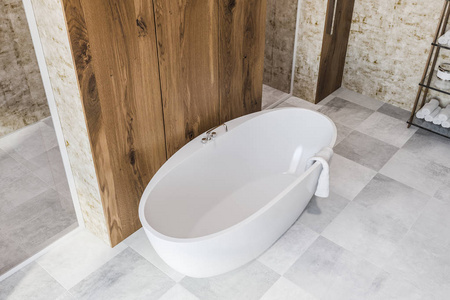 豪华浴室配有木墙白色瓷砖地板和白色浴缸。垂直镜像。3d 渲染