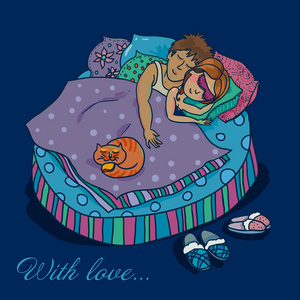 一对情侣睡在卡通风格的插图
