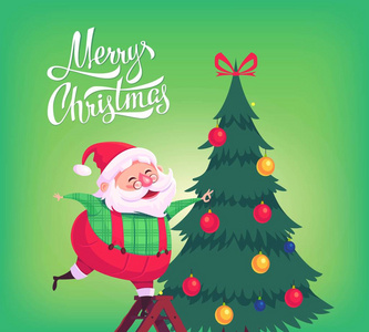 可爱的卡通圣诞老人装饰圣诞树快乐圣诞矢量插画贺卡海报