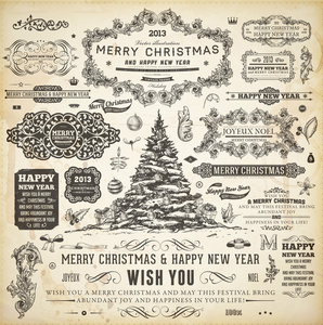 圣诞装饰集合集书法和排版的元素 框架 复古标签 丝带 边界 冬青浆果 杉木树分支和彩球。所有的假期邀请设计