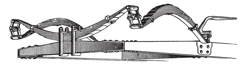 平台弹簧的老式汽车, 也称为三点悬吊弹簧, 老式线条绘制或雕刻插图