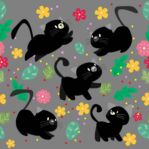 可爱的猫与花的无缝图案在彩色背景矢量插图。卡通风格