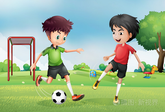 两个男孩在公园附近踢足球插画-正版商用图片06h7yc-摄图新视界
