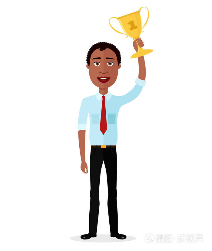 生意人非洲优胜者成功概念字符矢量兴奋卡通男性举起奖杯在白色背景上