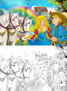 与一些美丽的女孩在森林会议的卡通场面与王子瀑布城堡和彩虹白色马在后面例证为孩子