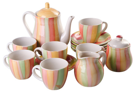 壶茶具 瓷茶壶和杯子在白色背景上
