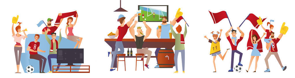 一群朋友, 球迷为他们最喜爱的足球队欢呼。男人和女人在体育场酒吧和电视上看足球. 矢量插图