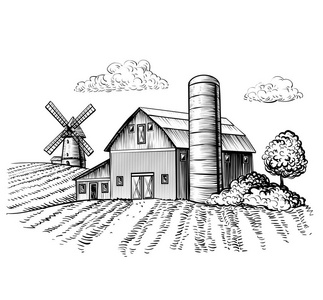 农村景观, 农场谷仓和风车素描。农村自然风景区手绘插图。农业农舍和田野。矢量单色轮廓图
