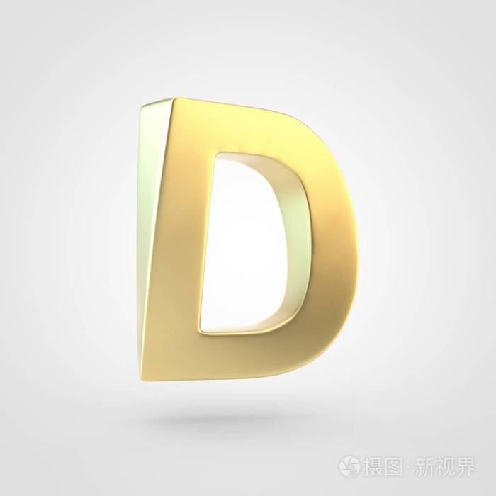 金色字母 d 大写.3d 渲染在白色背景下被隔离的金色字体