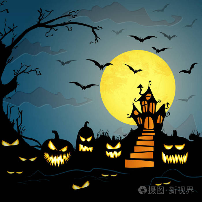 在满月与可怕的黑暗城堡所示为万圣节背景布局元素