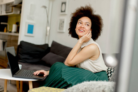 年轻的非洲裔美国妇女与膝上型电脑坐在明亮的客厅在家里
