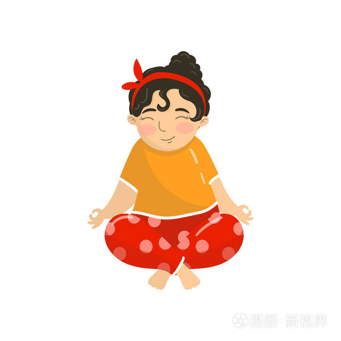 可爱美丽的女孩坐在莲花位置和沉思少女练习瑜伽卡通矢量插画