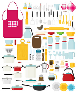 厨房用具设置平面向量。厨具, 炊具, 厨房用具收藏品。现代平面图标集