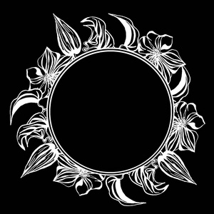 图形圆形框线莲花在开花查出的黑色背景。手绘墨水植物黑白黑白插图用于婚礼印刷产品卡片请柬