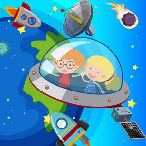 两个孩子在宇宙飞船上飞行