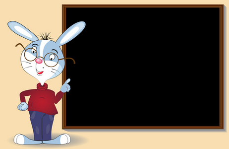 聪明的动画兔子戴眼镜成本约黑色的学校董事会。案文的地方。矢量图照片