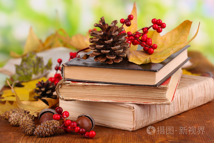 书籍和秋天树叶在自然背景下的木桌上