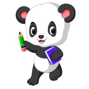可爱的熊猫拿着铅笔和书