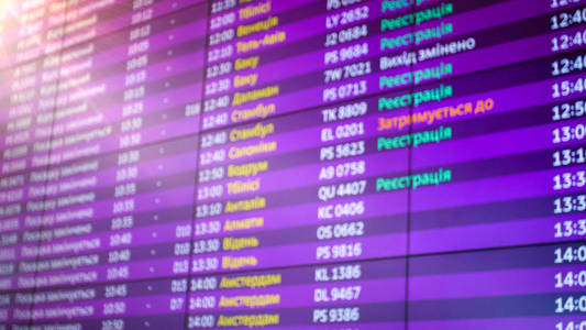 机场大显示屏航班起飞时间特写模糊图像