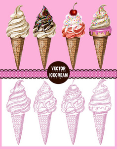 大套装两种不同类型的冰淇淋现实和图形