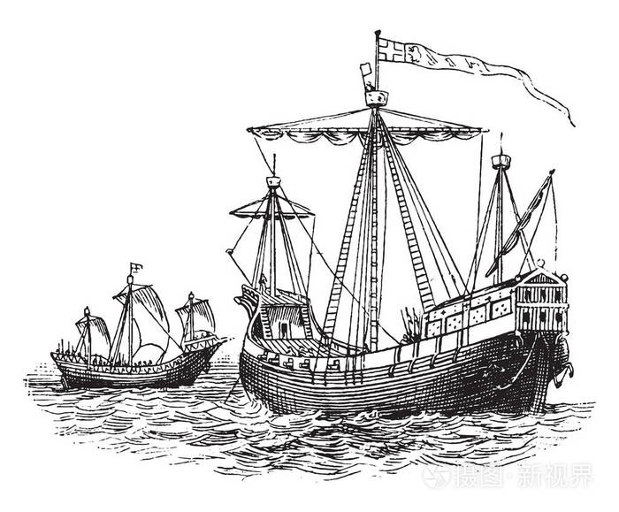 这个插图代表第十五世纪的战争船, 复古线条画或雕刻插图