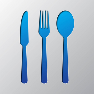 蓝色背景上孤立的刀 汤匙和叉子图标。矢量图在平面样式