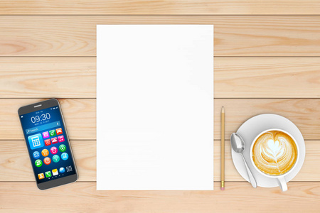 工作场所概念, 空白纸页, 智能手机, 咖啡。3d 插图