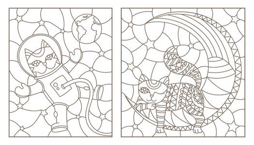 一套轮廓彩绘玻璃插图与滑稽的猫, 猫宇航员和猫睡在月球上, 黑色的轮廓在白色背景上