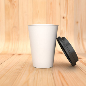 咖啡杯上的木材背景。3d 插图
