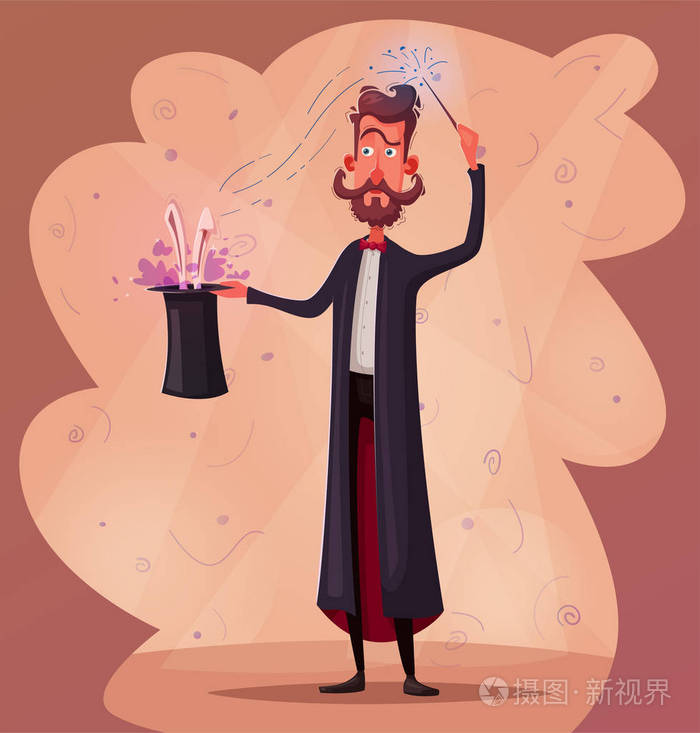 马戏团海报与魔术师魔术师拿着一顶兔子的帽子卡通矢量插画
