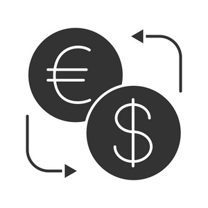 欧元和美元货币交换标志符号图标。剪影符号。负空间。退款。矢量隔离插图