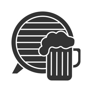 工艺啤酒酒吧字形图标。啤酒。啤酒杯和桶。剪影符号。负空间。啤酒。矢量隔离插图