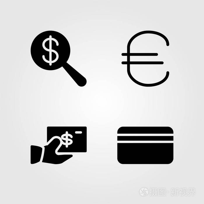货币图标设置矢量插图美元信用卡和欧元