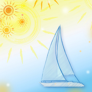 夏天背景黄色太阳和蓝色的船