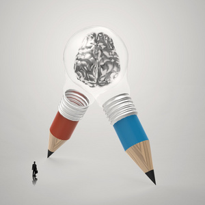 三维金属的人类的大脑里面铅笔灯泡作为概念