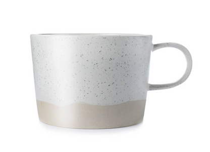 陶瓷杯与空白的文本在白色背景。洗碗